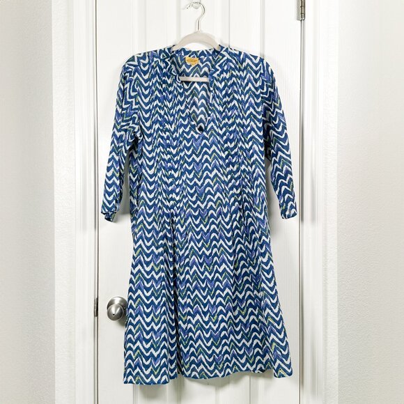 Roberta Roller Rabbit Tunic Dress Medium Blue Green Resort Wear Cover Up Cotton - Picture 1 of 8
